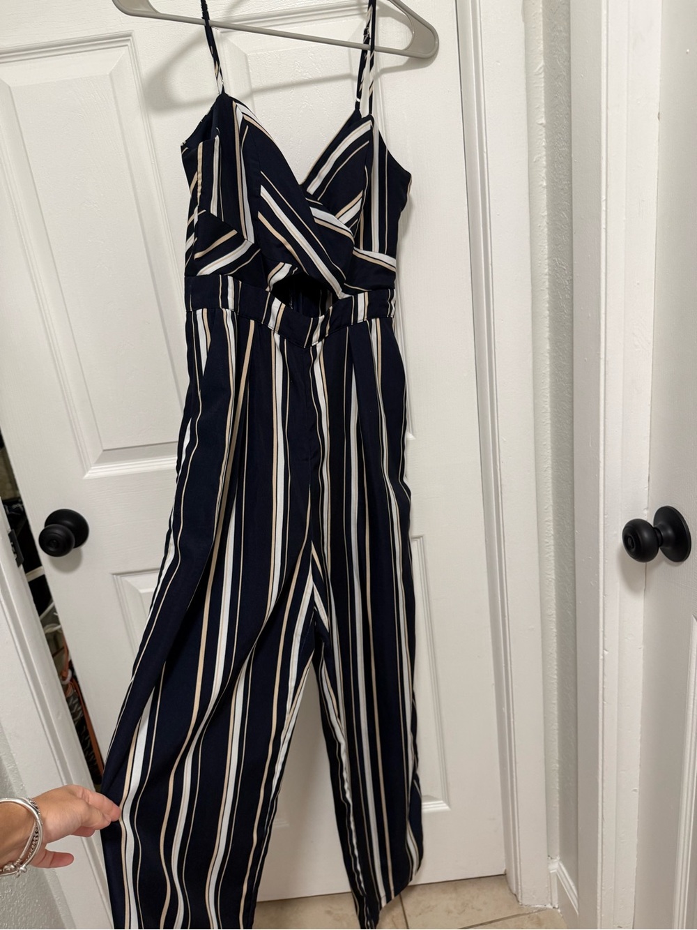 Love Culture Navy and White Striped Spaghetti-Strap Jumpsuit